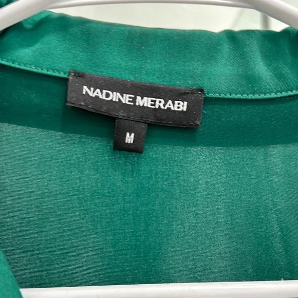 NADINE MERABI Emerald Green Feather Trim Satin Pajama Top - Picture 2 of 6